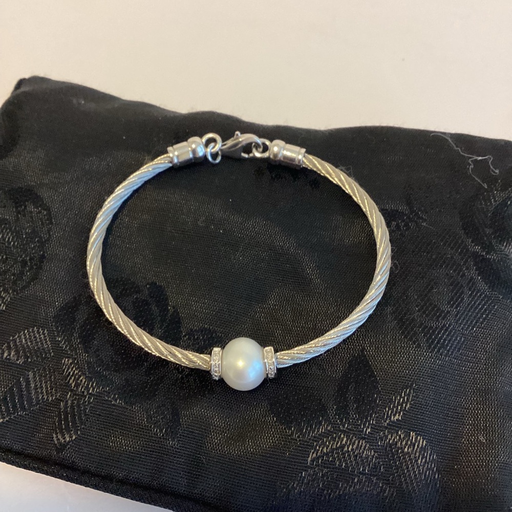 925 Sterling Silver Twisted Cable Pearl Bangle Bracelet Classic Layering Piece - Picture 10 of 10